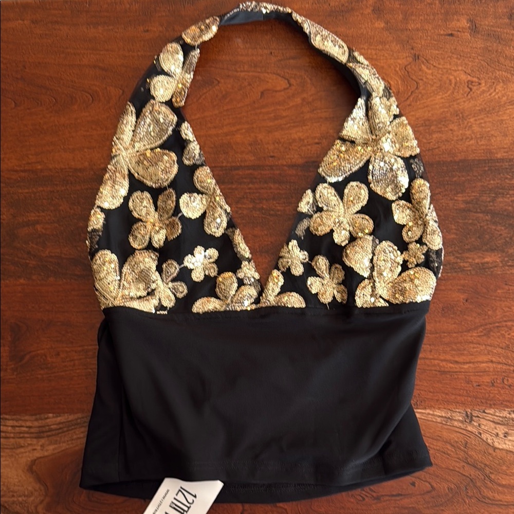 12th Tribe Black and Gold Sequin Halter Top